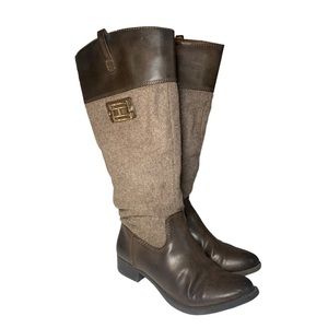 Tommy Hilfiger Tall Riding Boots Size 7 US Brown Beige Leather Textile Gold Logo